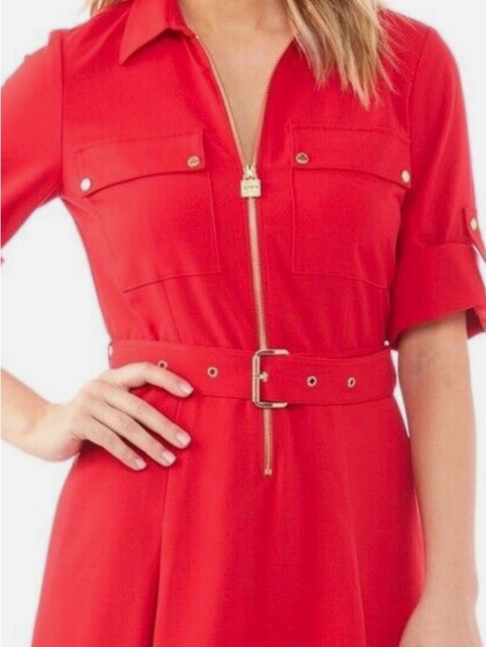 Michael Kors Red Zip-Front Belted Shirt Dress